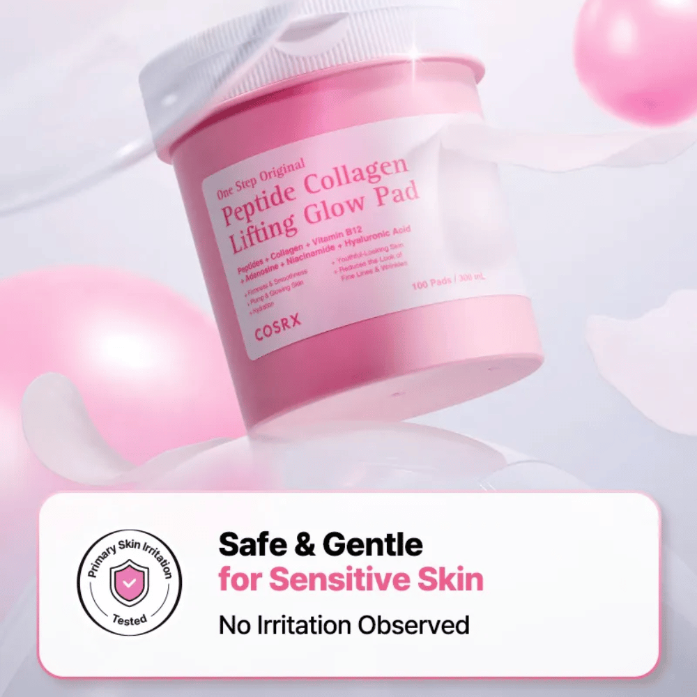 Tuotekuva tuotteesta COSRX One Step Original Peptide Collagen Lifting Glow Pad, jossa viestinä on hellävarainen koostumus herkälle iholle ja testatusti vähäinen ärsytys.