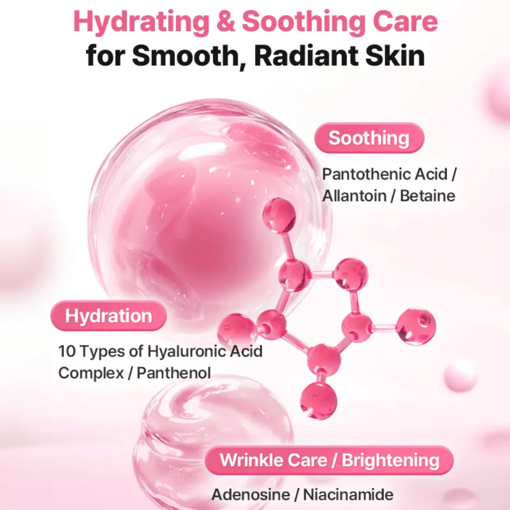 Havainnollistava ainesosakuva tuotteelle COSRX Peptide Collagen Lifting Glow Pad, painottaen kosteutusta, rauhoittavaa vaikutusta sekä hehkua antavia ainesosia kuten hyaluronihappoa, niasiiniamidia ja pantenolia.