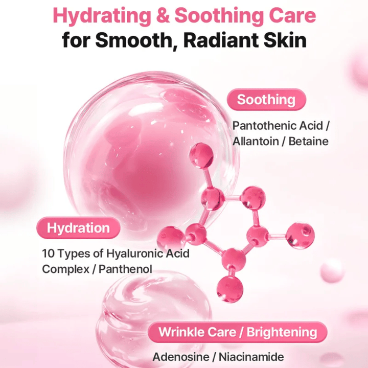 Havainnollistava ainesosakuva tuotteelle COSRX Peptide Collagen Lifting Glow Pad, painottaen kosteutusta, rauhoittavaa vaikutusta sekä hehkua antavia ainesosia kuten hyaluronihappoa, niasiiniamidia ja pantenolia.