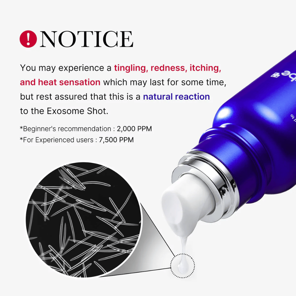 Huomioi, että Medicube One Day Exosome Shot Pore Ampoule 2000 käyttö voi aiheuttaa pistelyä, punoitusta, kutinaa ja lämmön tunnetta. Tämä on luonnollinen reaktio eksosomikomponenttiin. Suositeltu annos: Aloittelijat 2 000 PPM, kokeneet käyttäjät 7 500 PPM.
