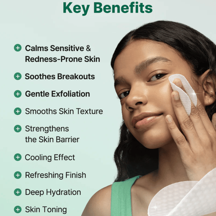 Malli levittää COSRX One Step Original Clear Skin Calming Pad painottaen rauhoittavaa vaikutusta, kuorintaa ja kosteutusta herkälle iholle.