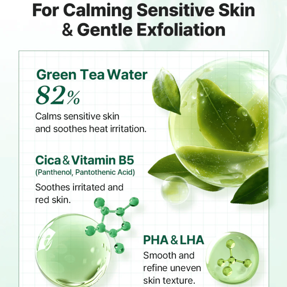 Tietokuva tuotteesta COSRX One Step Original Clear Skin Calming Pad, jossa on vihreän teen vettä, Cicaa, B5-vitamiinia sekä hellävaraista kuorintaa PHA:n ja LHA:n avulla.