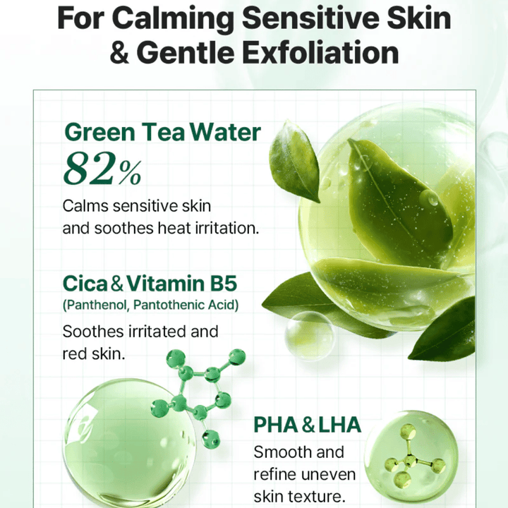 Tietokuva tuotteesta COSRX One Step Original Clear Skin Calming Pad, jossa on vihreän teen vettä, Cicaa, B5-vitamiinia sekä hellävaraista kuorintaa PHA:n ja LHA:n avulla.