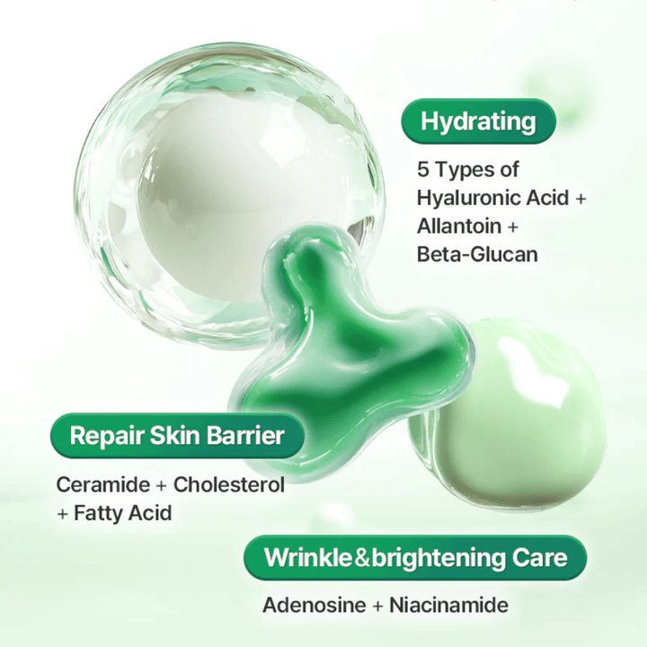 Havainnollistava kuva, joka esittelee COSRX One Step Original Clear Skin Calming Pad -tuotteen ainesosia ja ihohyötyjä, mukaan lukien hyaluronihappo, keramidit ja niasiiniamidi.