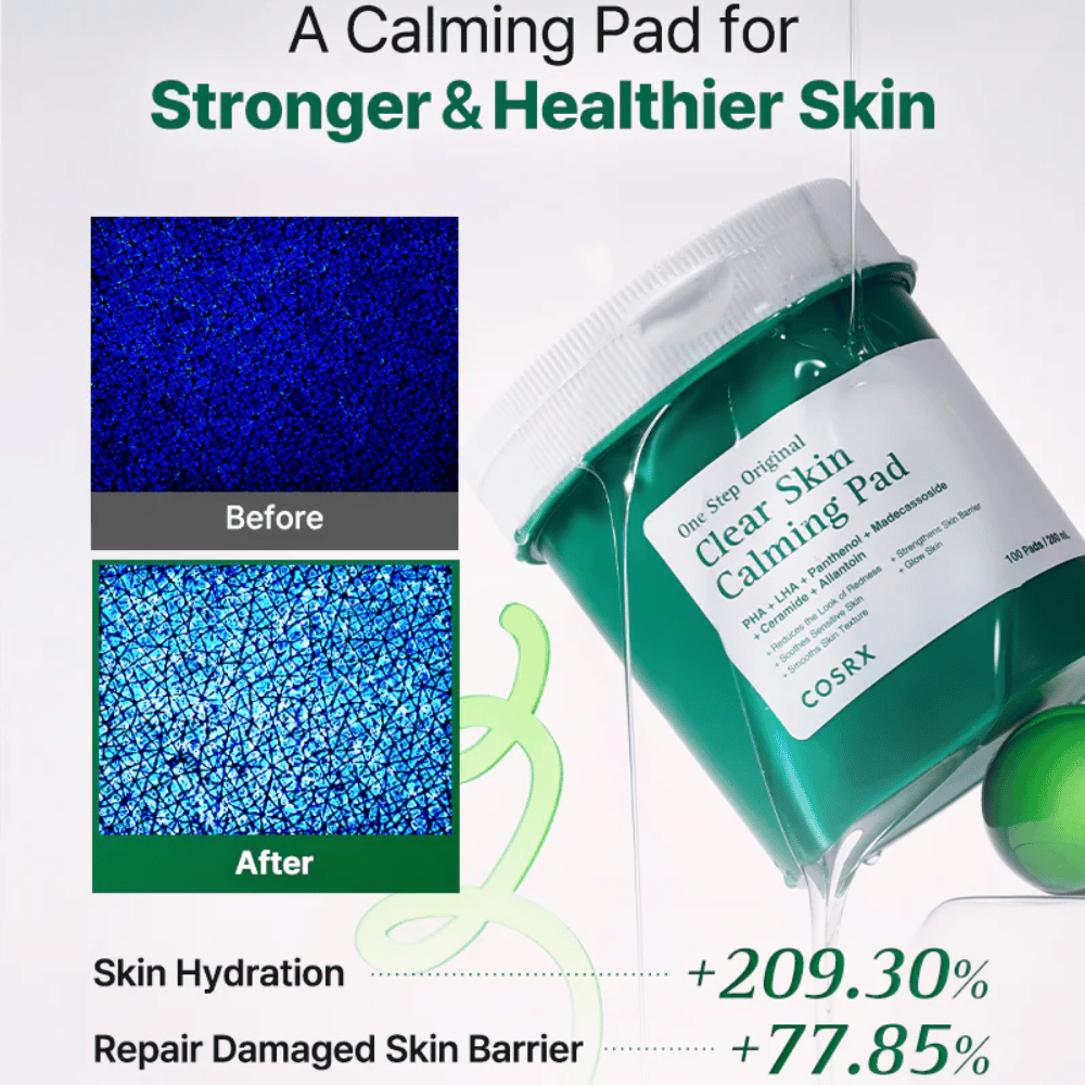 Kampanjakuva tuotteelle COSRX One Step Original Clear Skin Calming Pad, joka näyttää parantuneen kosteutuksen ja vahvistuneen ihon suojamuurin käytön jälkeen.