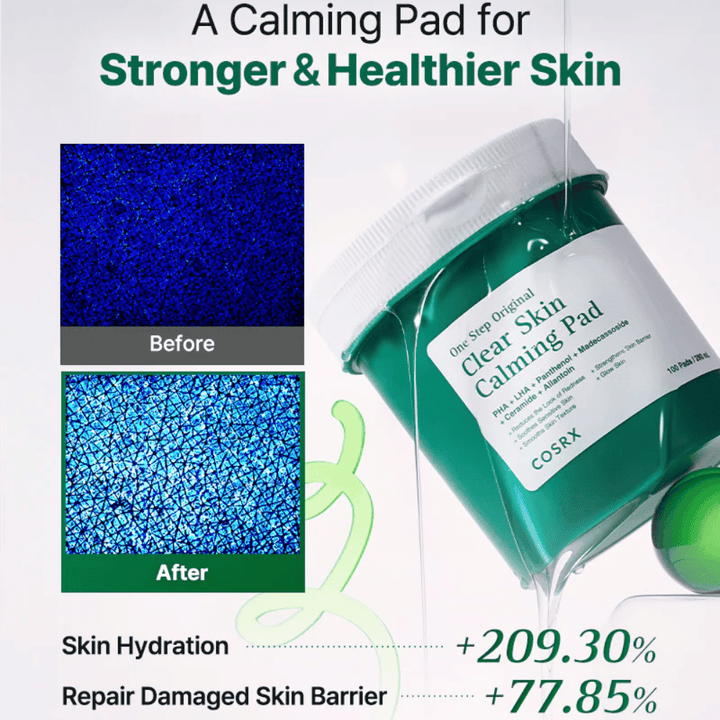 Kampanjakuva tuotteelle COSRX One Step Original Clear Skin Calming Pad, joka näyttää parantuneen kosteutuksen ja vahvistuneen ihon suojamuurin käytön jälkeen.