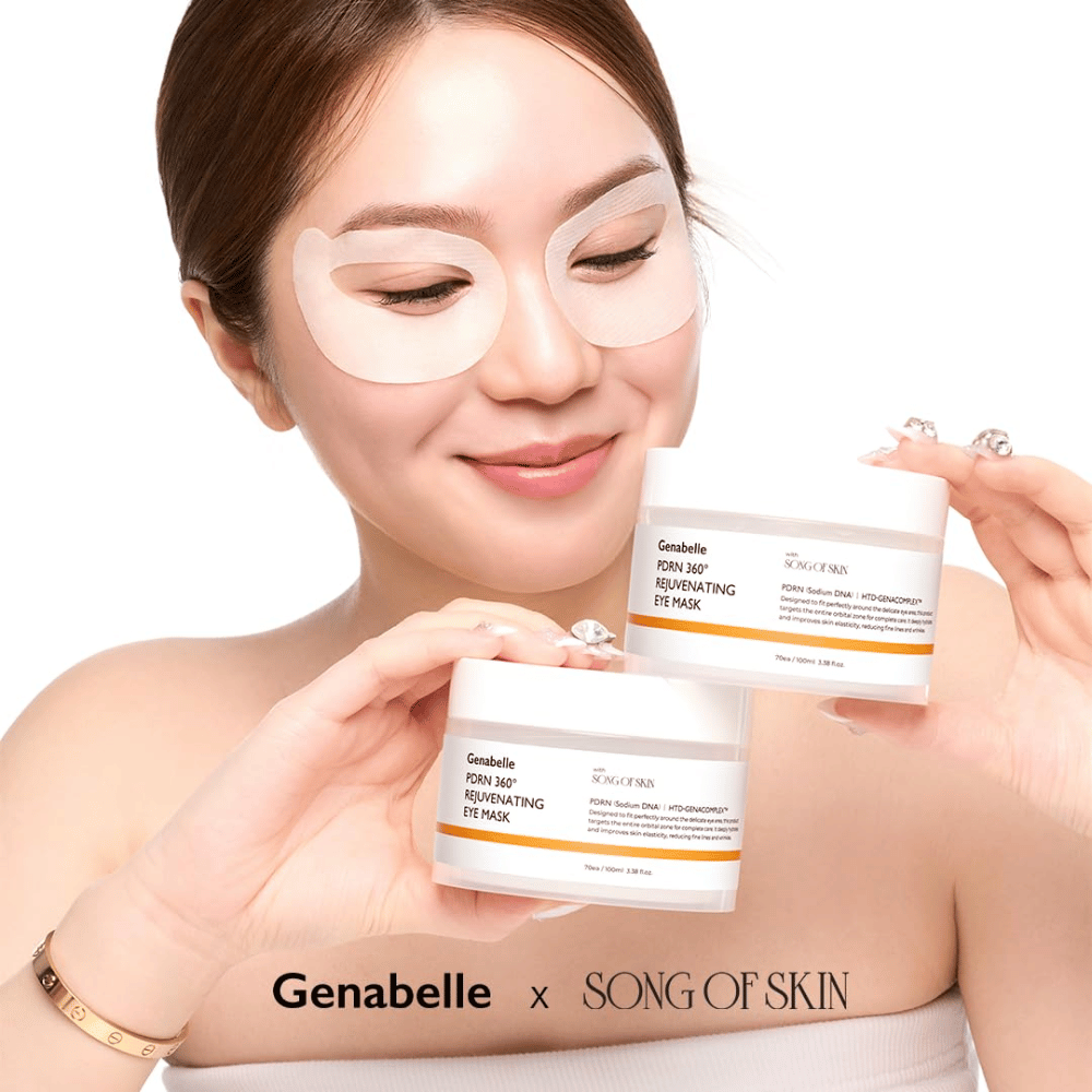 Genabelle PDRN 360° Rejuvenating Eye Mask levitettynä koko silmänympärysalueelle kosteutuksen, lisääntyneen kimmoisuuden ja raikkaamman katseen saavuttamiseksi.