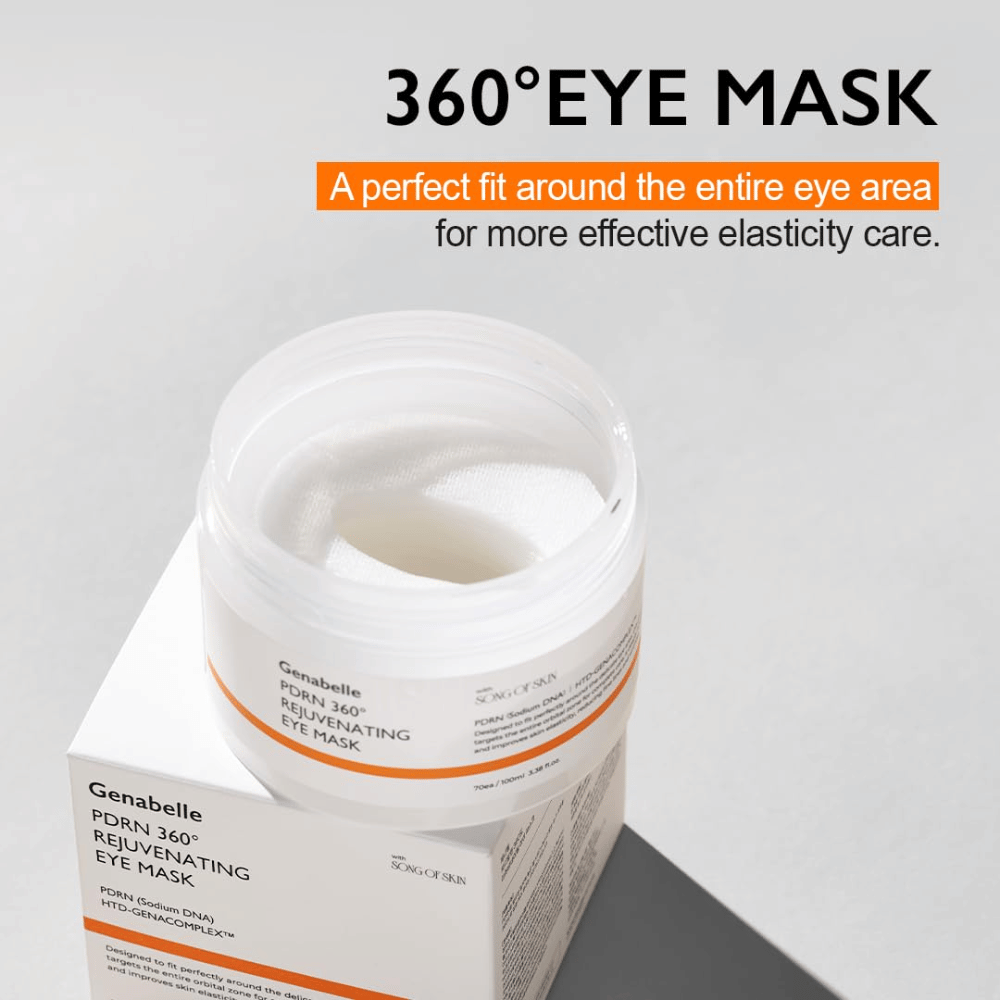Genabelle PDRN 360° Rejuvenating Eye Mask, jossa on 360 asteen istuvuus ja joka peittää koko silmänympärysalueen tehokasta hoitoa ja parempaa kimmoisuutta varten.