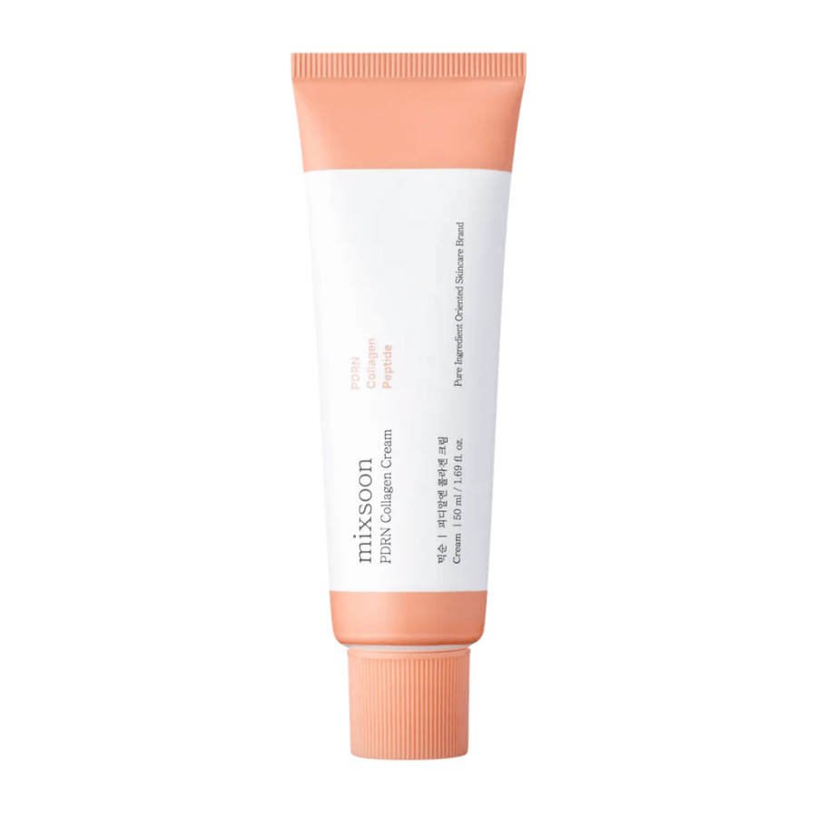 Mixsoon PDRN Collagen Cream i vit och persikofärgad tub, 50 ml. En fuktgivande och kollagenboostande kräm för slät och ungdomlig hud.