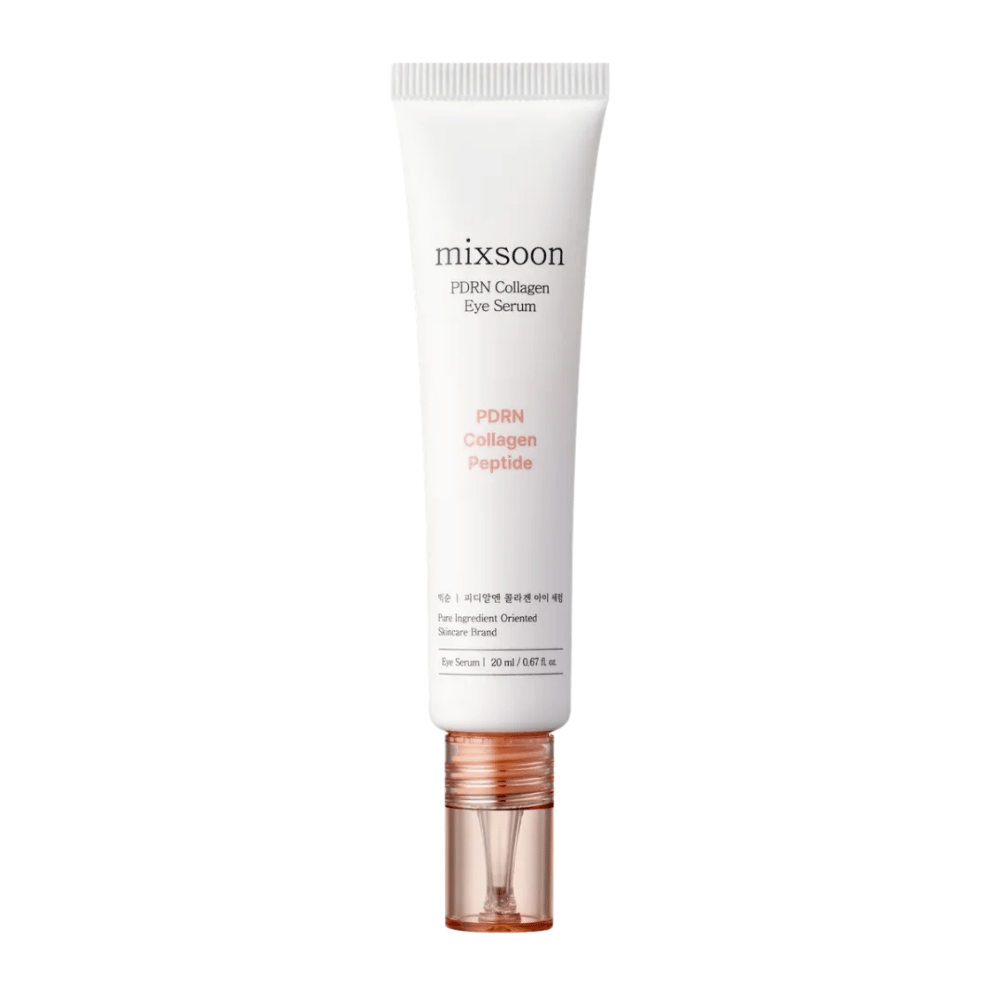 Mixsoon PDRN Collagen Eye Serum valkoisessa ja persikanvärisessä tuubissa, jossa on läpinäkyvä applikaattori. Kosteuttava ja kiinteyttävä silmäseerumi, 20 ml.