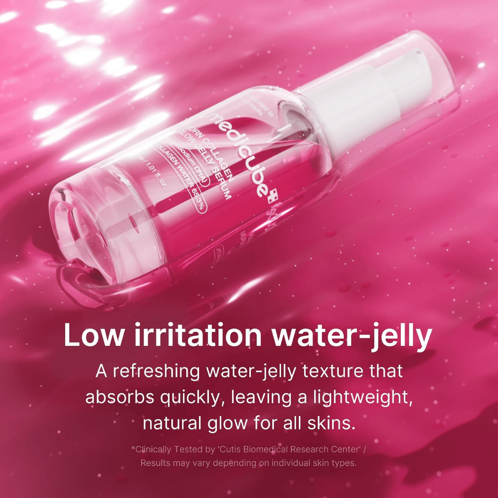 Medicube PDRN Collagen Glow Jelly Serum kevyellä vesi-geelikoostumuksella, joka imeytyy nopeasti ja antaa hehkua