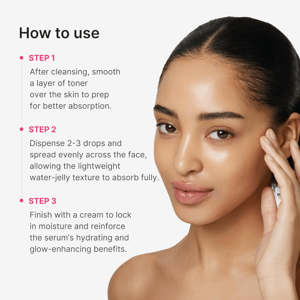 Medicube PDRN Collagen Glow Jelly Serum vaiheittaisella oppaalla levitykseen puhdistuksen ja kasvoveden jälkeen