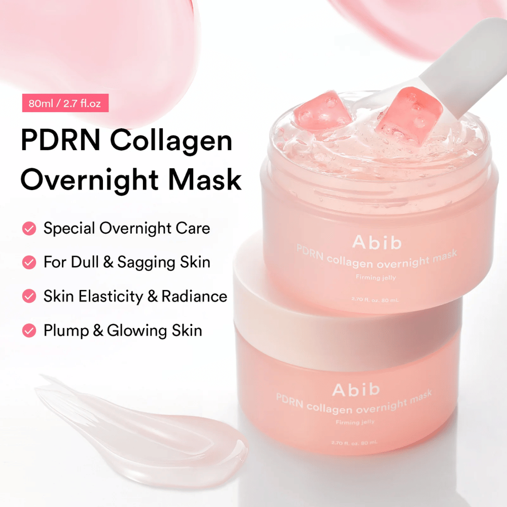 Tuotekuva tuotteesta Abib PDRN Collagen Overnight Mask, jossa on vaaleanpunainen geelimäinen koostumus ja silikonispaatteli, jotka korostavat yönaamion kosteuttavia ja hehkua antavia ominaisuuksia.
