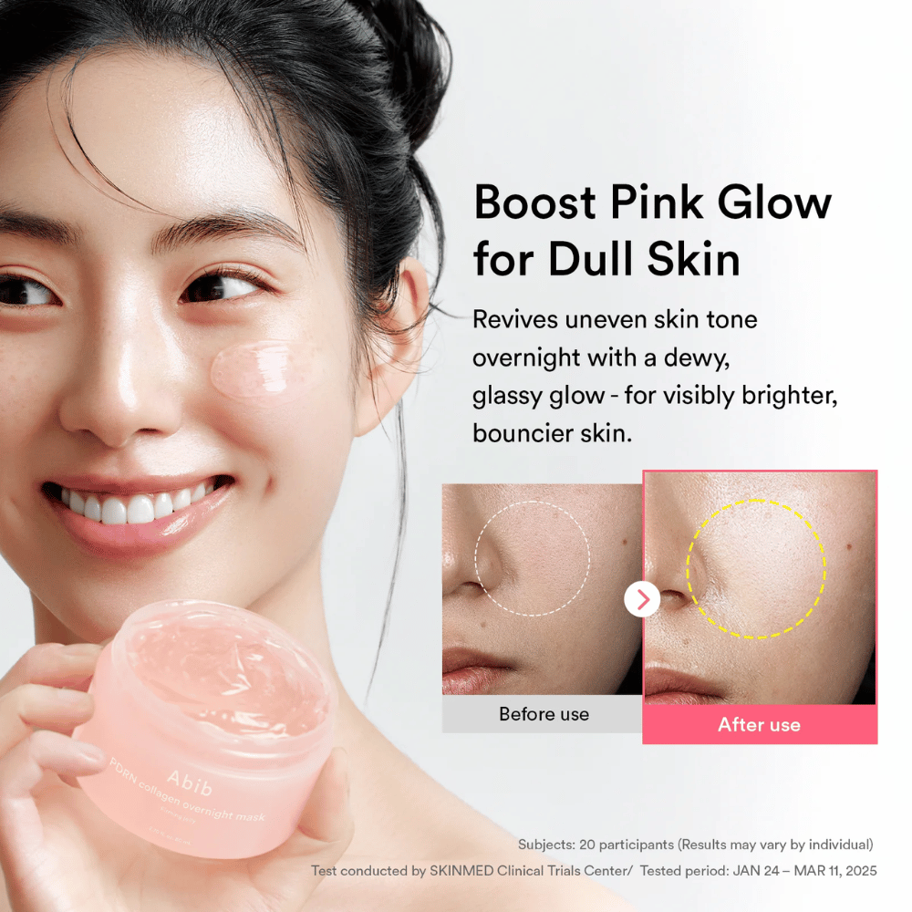 Malli, joka pitää käsissään Abib PDRN Collagen Overnight Mask -tuotetta yhdessä ennen ja jälkeen -kuvituksen kanssa, joka näyttää hehkun ja tasaisemman ihonsävyn yön yli tapahtuneen käytön jälkeen.
