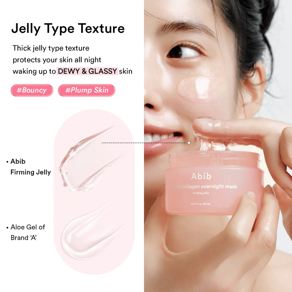 Lähikuva Abib PDRN Collagen Overnight Mask -tuotteen geelimäisestä koostumuksesta, joka näyttää täyteläisen ja kiiltävän tekstuurin, kehitetty kosteutettua ja kuulasta ihoa varten.