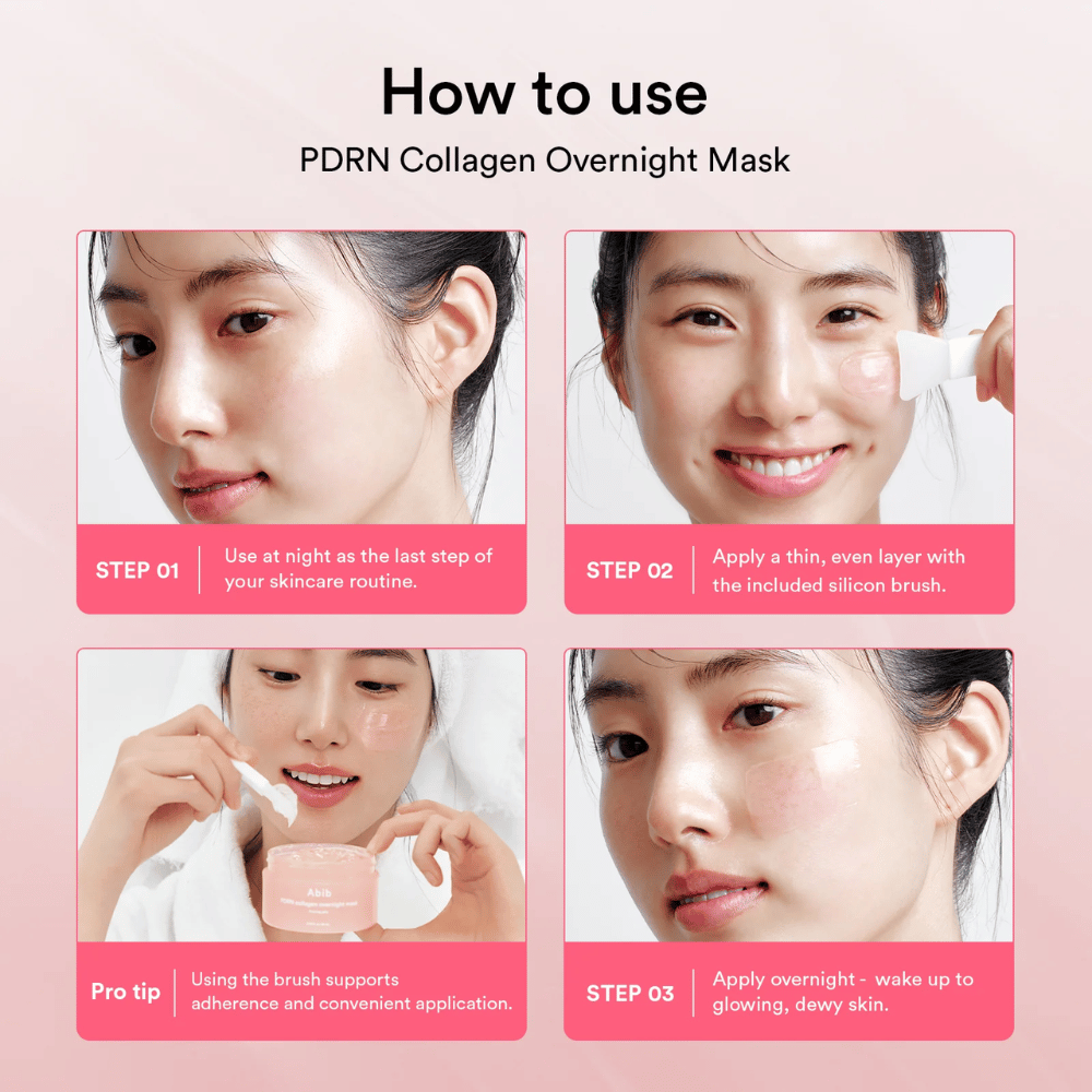 Vaiheittainen opas, joka näyttää, miten Abib PDRN Collagen Overnight Mask -tuotetta käytetään iltarutiinin viimeisenä vaiheena mukana tulevalla silikonispaattelilla tasaiseen levitykseen yön ajaksi.