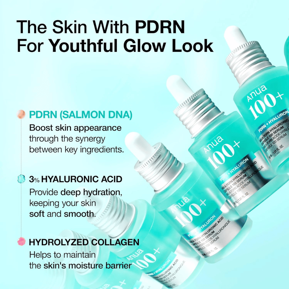 Anua PDRN Hyaluronic Acid Capsule 100 Serum on voimakas ihonhoitotuote, joka sisältää PDRN:aa (lohi-DNA) parantamaan ihon ulkonäköä, 3 % hyaluronihappoa syväkosteutukseen ja hydrolysoitua kollageenia vahvistamaan ihon kosteusbarriääriä. Täydellinen nuorekkaaseen hehkuun!