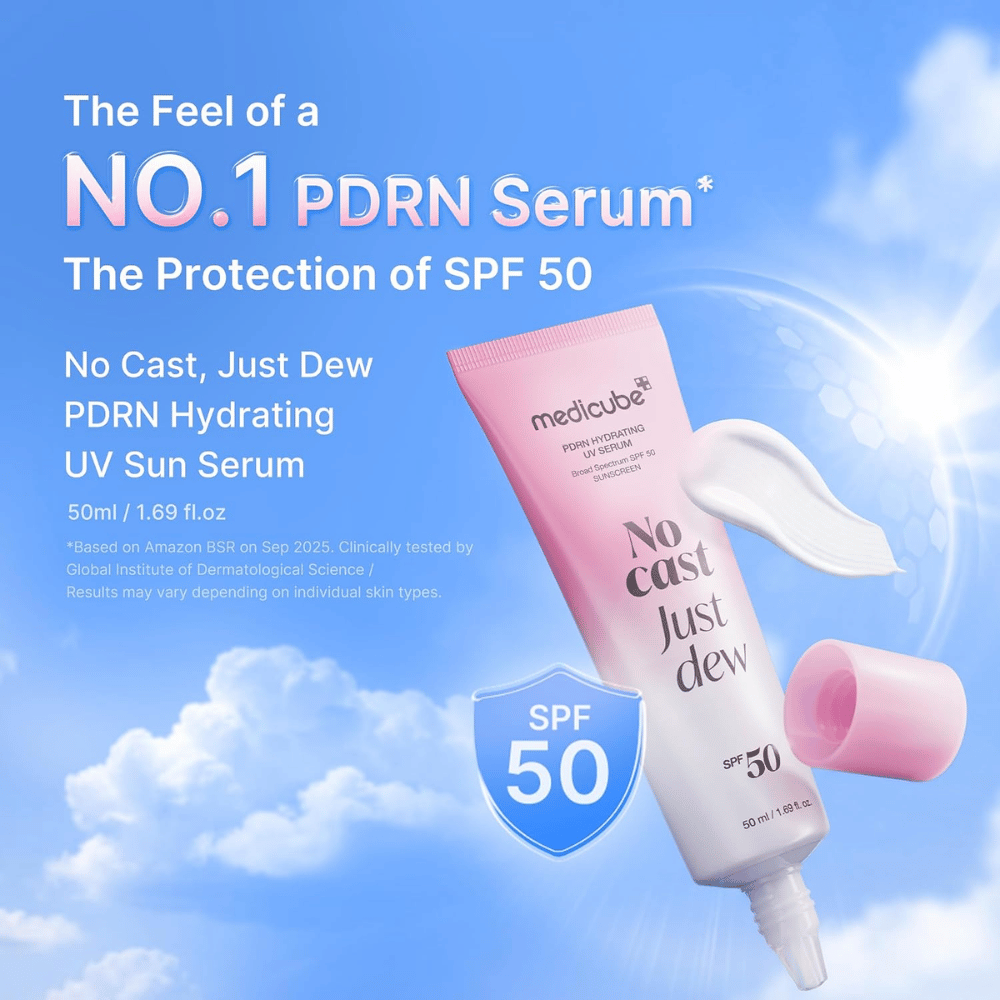 5. Medicube PDRN Hydrating UV Serum SPF 50+ 50 ml – kevyt kosteuttava aurinkoseerumi korkealla UV-suojalla ja hehkua antavalla viimeistelyllä