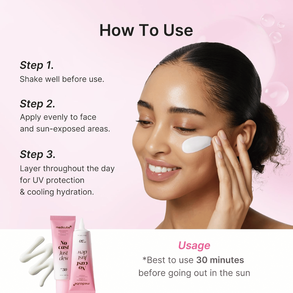 1. Medicube PDRN Hydrating UV Serum SPF 50+ – kosteuttavan aurinkosuojan levitys kasvoille käyttöohjeiden kanssa