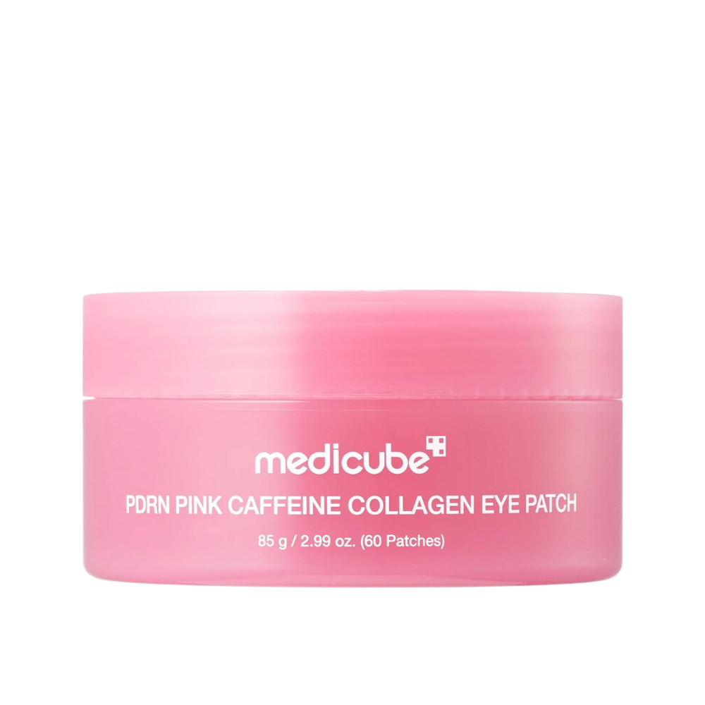 5. Medicube PDRN Pink Caffeine Collagen Eye Patch 60 kpl – vaaleanpunainen purkki kosteuttavia hydrogeelisiä silmänaluslappuja valkoista taustaa vasten