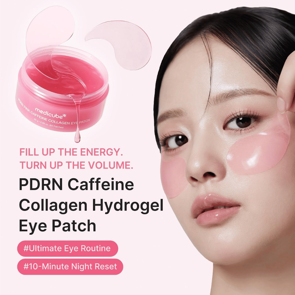 4. Medicube PDRN Pink Caffeine Collagen Eye Patch – kosteuttavat vaaleanpunaiset hydrogeeliset silmänaamiot, jotka antavat iholle hehkua