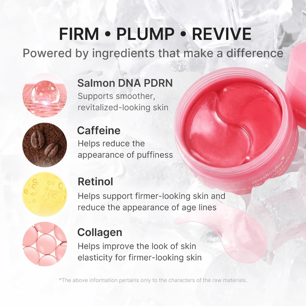 3. Medicube PDRN Pink Caffeine Collagen Eye Patch – sisältää PDRN, kofeiinia, retinolia ja kollageenia kiinteämmälle iholle ja turvotuksen vähentämiseen