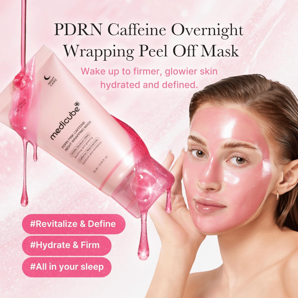 Medicube PDRN Pink Caffeine Night Wrapping Mask – vaaleanpunainen peel off -yönaamio, jossa on PDRN ja kofeiinia kosteutukseen, heleyteen ja kiinteämpään tunteeseen.