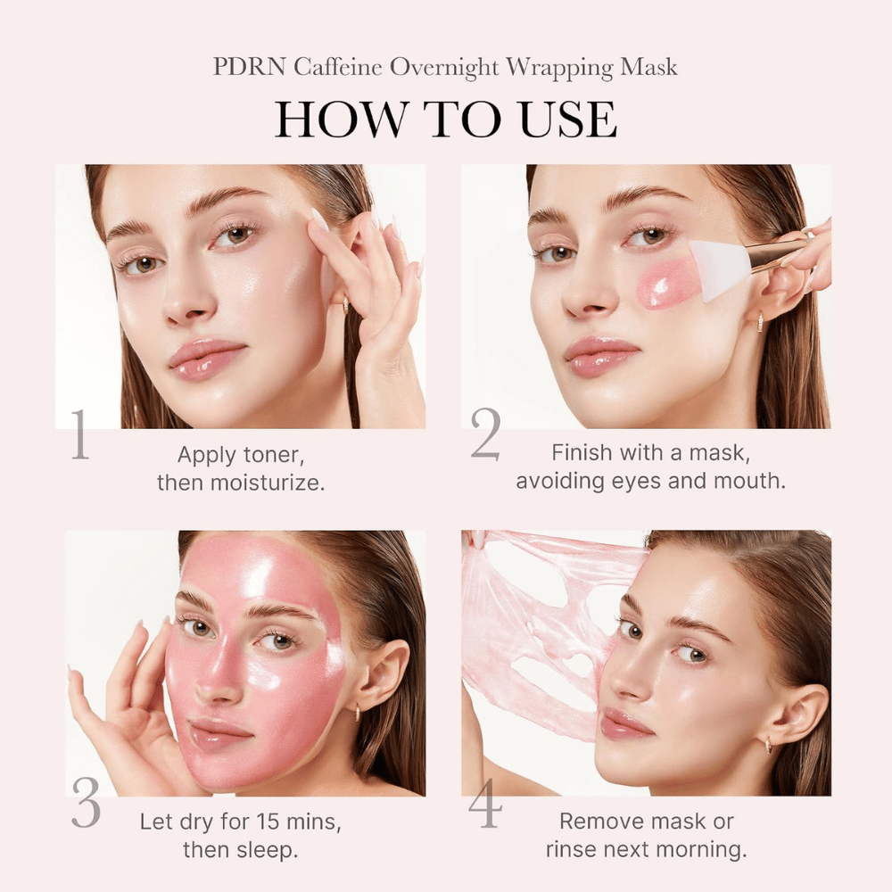 Näin käytät Medicube PDRN Pink Caffeine Night Wrapping Mask – levitä illalla, anna kuivua ja poista naamio aamulla.