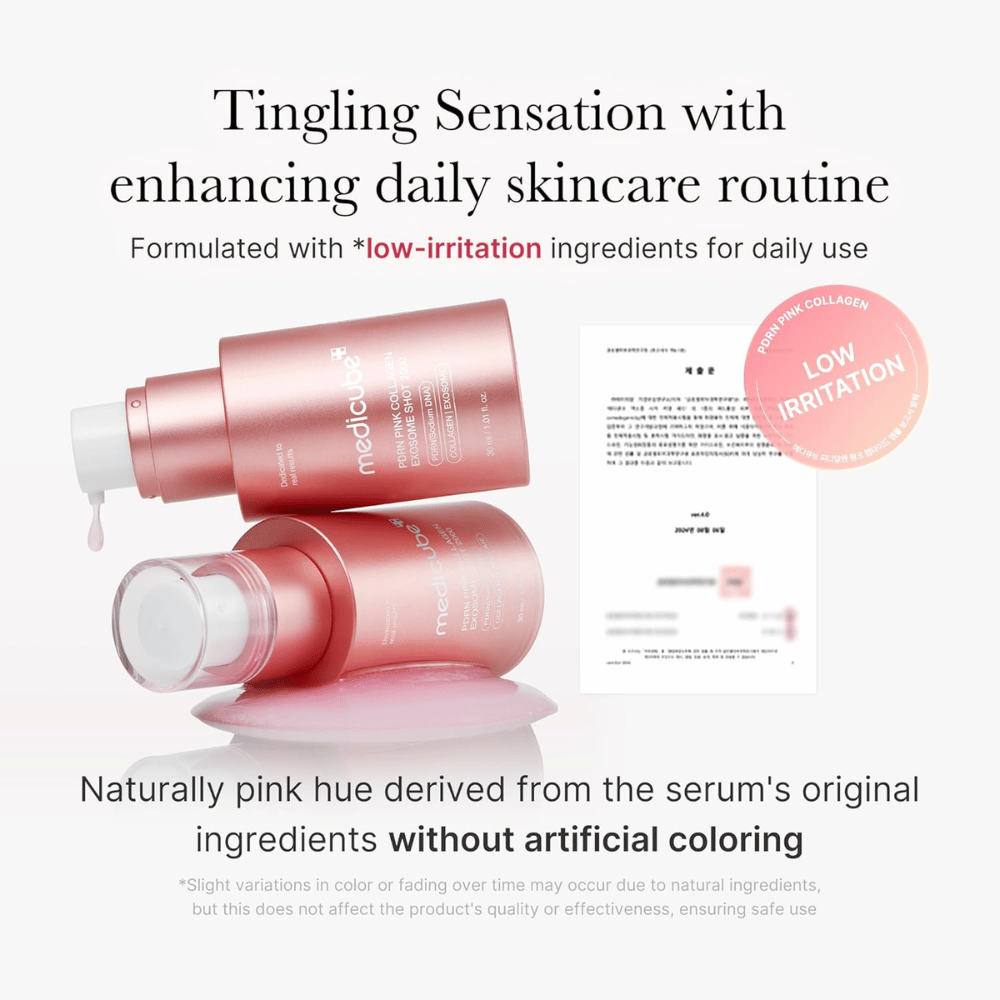 Medicube PDRN Pink Collagen Exosome Shot 2000, jossa on tietoa vähäisestä ärsytyksestä. Tuotteessa on luonnollisen vaaleanpunainen väri ainesosista, ja se on kehitetty päivittäiseen käyttöön hellävaraisella tuntumalla iholla.