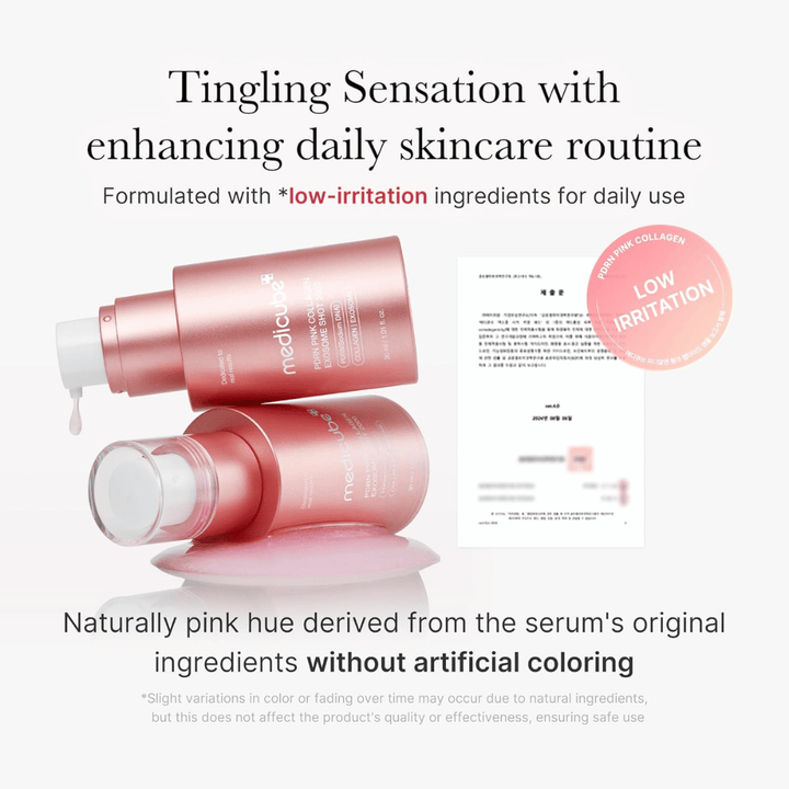 Medicube PDRN Pink Collagen Exosome Shot 2000, jossa on tietoa vähäisestä ärsytyksestä. Tuotteessa on luonnollisen vaaleanpunainen väri ainesosista, ja se on kehitetty päivittäiseen käyttöön hellävaraisella tuntumalla iholla.