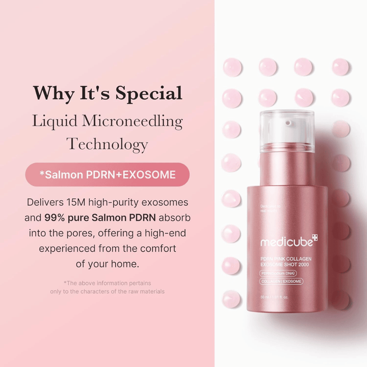 Medicube PDRN Pink Collagen Exosome Shot 2000 vaaleanpunaisessa pullossa. Kuvassa korostetaan nestemäistä microneedling-teknologiaa eksosomeilla ja PDRN-ainesosalla lohesta tukemaan ihon hehkua, kimmoisuutta ja imeytymistä.