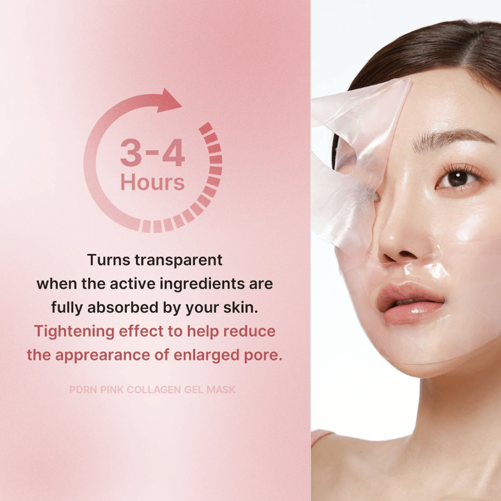 Medicube PDRN Pink Collagen Gel Mask ohjeella käyttää naamiota 3-4 tuntia, kunnes se muuttuu läpinäkyväksi. Naamio imee aktiiviset ainesosat ja kiristää ihoa pienentääkseen näkyviä huokosia.