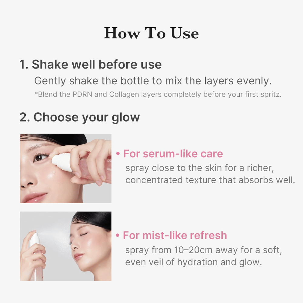 2. Medicube PDRN Pink Collagen Glow Jelly Mist Serum – käyttö kosteuttavana kasvosuihkeena tai tiivistettynä seerumi
