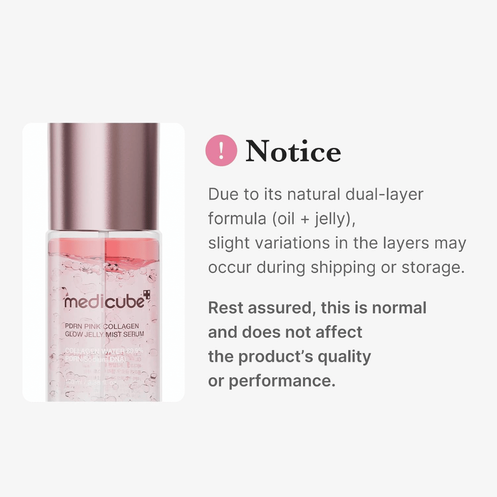 1. Medicube PDRN Pink Collagen Glow Jelly Mist Serum – kaksifaasinen öljy- ja geelimäinen koostumus, joka voi luonnollisesti erottua
