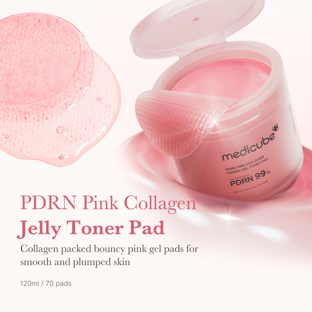 Avoin purkki, jossa on Medicube PDRN Pink Collagen Jelly Toner Pads, kohotetulla vaaleanpunaisella geelipatjalla ja tekstillä, joka kuvailee kollageenisisältöä sileälle ja kosteutetulle iholle.