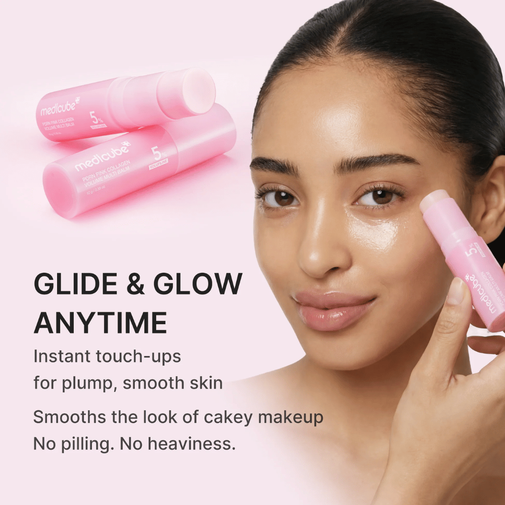 6. Medicube PDRN Pink Collagen Volume Multi Balm levitetään poskipäälle kosteutuksen, tasaisemman ihon rakenteen ja luonnollisen hehkun saamiseksi