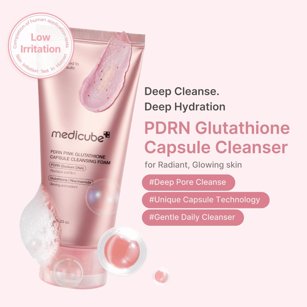 Medicube PDRN Pink Glutathione Capsule Cleansing Foam vähäisellä ärsytyksellä päivittäiseen puhdistukseen ja kirkkaammalle iholle luonnollisella hehkulla