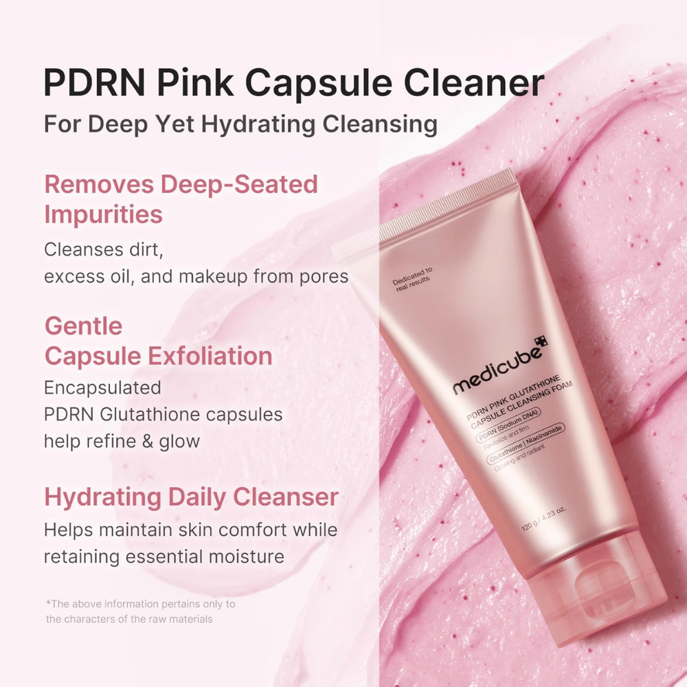Medicube PDRN Pink Glutathione Capsule Cleansing Foam joka poistaa lian, talin ja meikin samalla kun iho kosteutuu