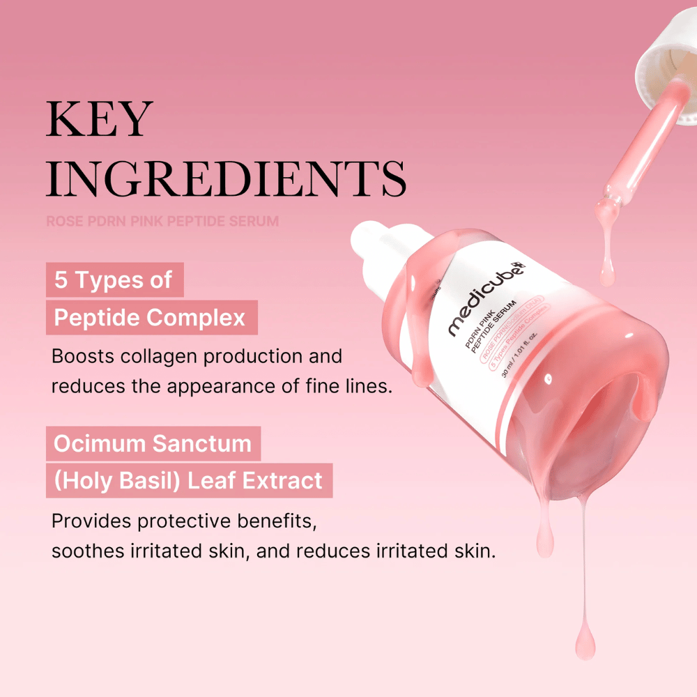 Medicube Rose PDRN Pink Peptide Serum – Ravitseva seerumi kiinteämmälle ja rauhallisemmalle iholle.

💖 5 tyyppistä peptidikompleksia – Stimuloi kollageenin tuotantoa ja vähentää hienoja juonteita.
🌿 Ocimum Sanctum (Pyhä Basilika) -uute – Suojaa, rauhoittaa ja vähentää ärsytystä.

Täydellinen tasaisemmalle, kosteutetulle ja säteilevälle iholle!