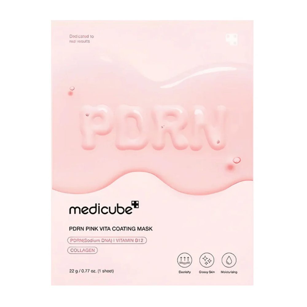 Medicube PDRN Pink Vita Coating Mask – återfuktande sheet mask med kollagen, PDRN och vitamin B12, i rosa förpackning för lyster och elasticitet.