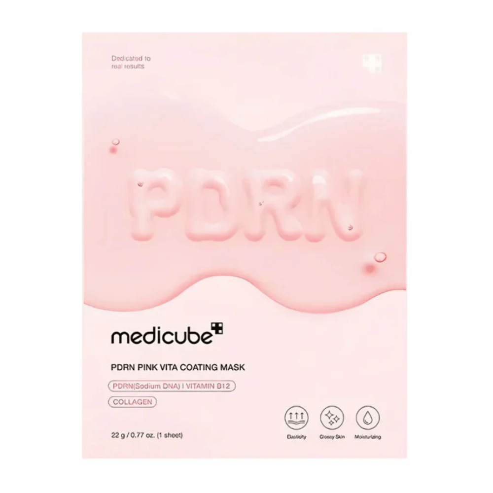  Yksinkertainen tuotekuva tuotteesta Medicube PDRN Pink Vita Coating Mask vaaleanpunaisessa pakkauksessa.