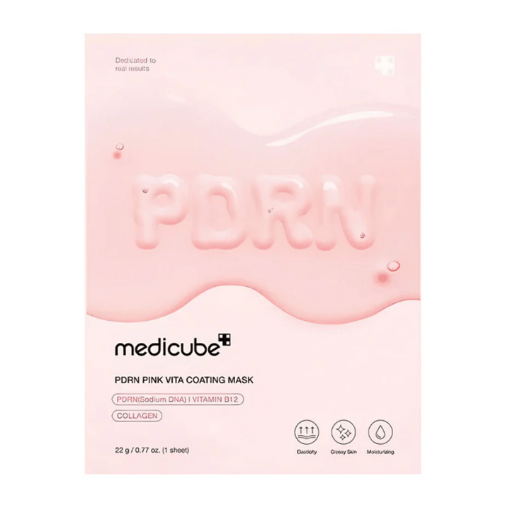 Medicube PDRN Pink Vita Coating Mask – återfuktande sheet mask med kollagen, PDRN och vitamin B12, i rosa förpackning för lyster och elasticitet.