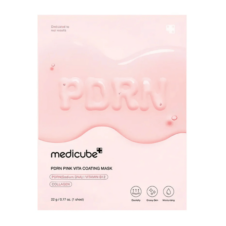 Medicube PDRN Pink Vita Coating Mask – återfuktande sheet mask med kollagen, PDRN och vitamin B12, i rosa förpackning för lyster och elasticitet.
