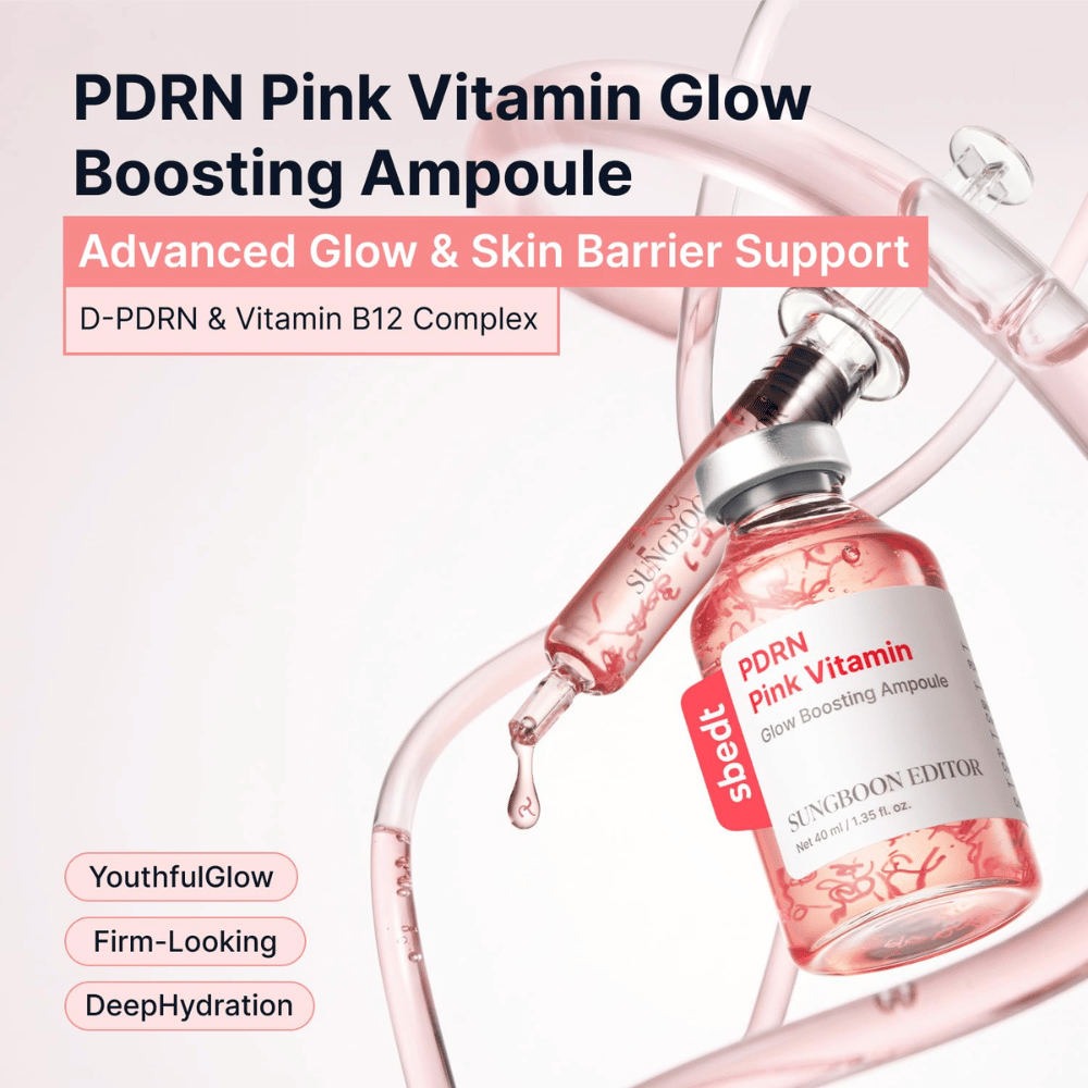 7. SUNGBOON EDITOR PDRN Pink Vitamin Glow Boosting Ampoule 40 ml – vaaleanpunainen seerumipullo applikaattorilla ja kosteuttavalla koostumuksella, jossa on D-PDRN ja B12-vitamiinia
