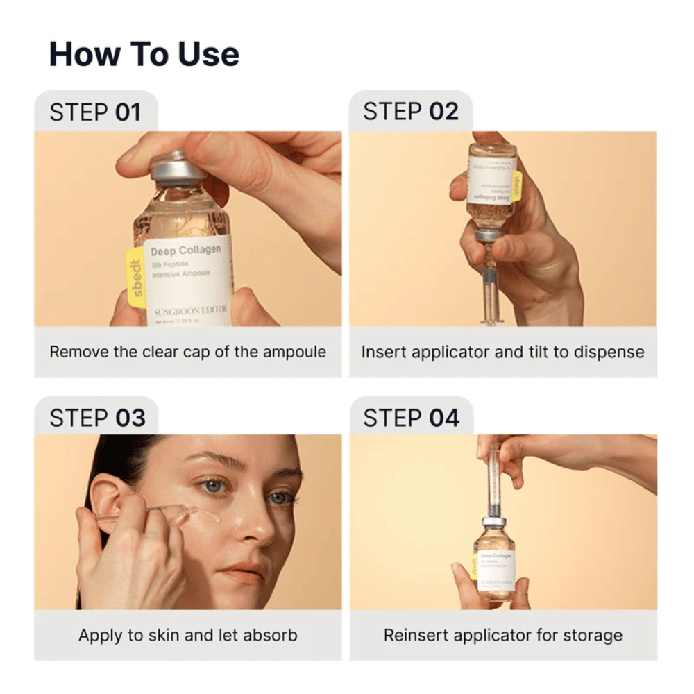 1. SUNGBOON EDITOR PDRN Pink Vitamin Glow Boosting Ampoule – vaiheittainen opas, joka näyttää, miten ampulli avataan, levitetään applikaattorilla ja säilytetään