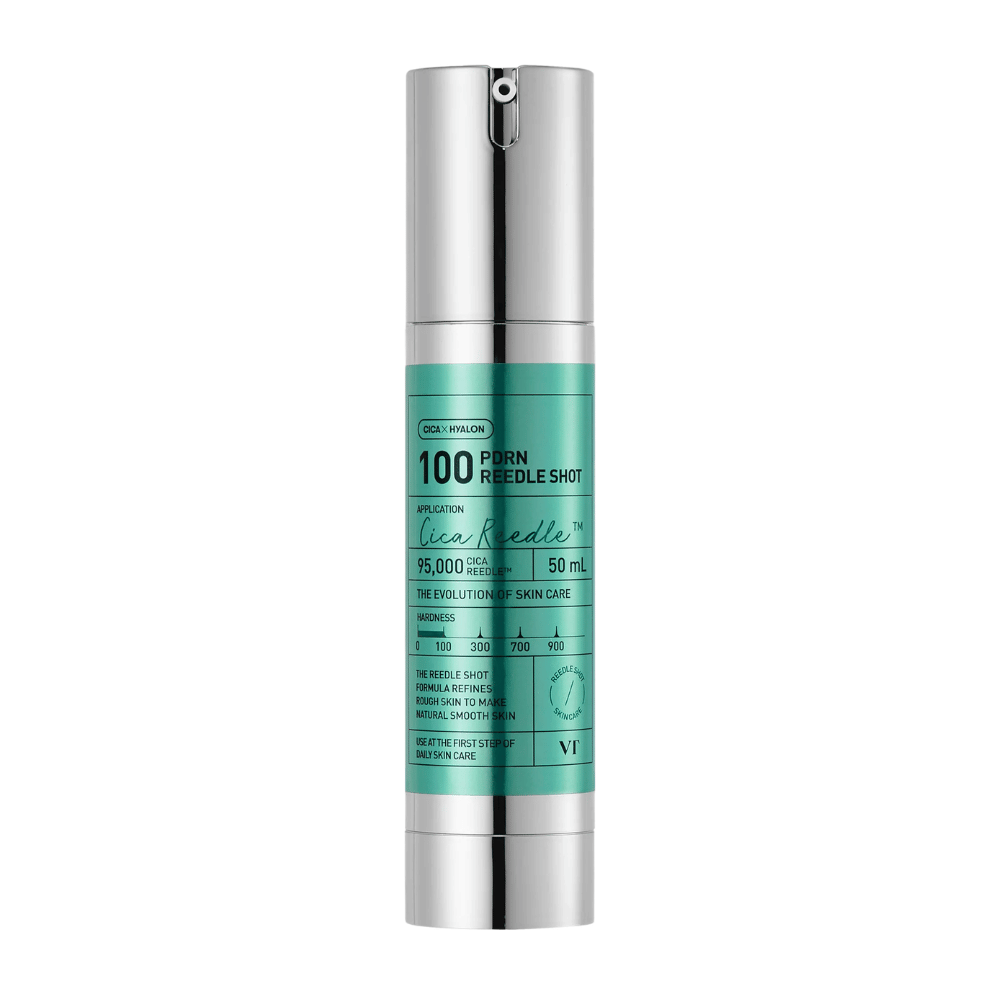 VT Cosmetics PDRN Reedle Shot 100 pullo minimalistisella muotoilulla ja aktiivisella koostumuksella ihon rakenteen, hehkun ja kimmoisuuden parantamiseen