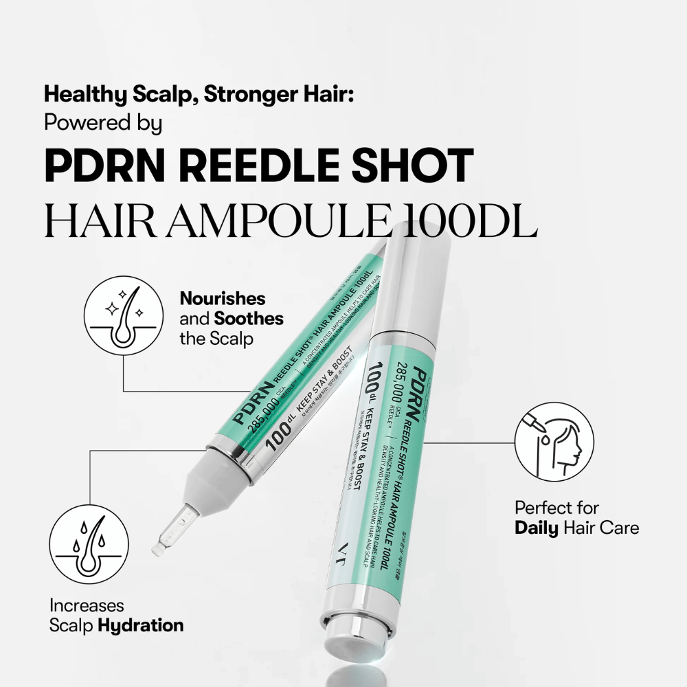 Tuote-esittely PDRN Reedle Shot Hair Ampoule 100dL, keskittyen etuihin kuten rauhoittava vaikutus, lisääntynyt kosteutus hiuspohjassa ja päivittäinen hiustenhoito.