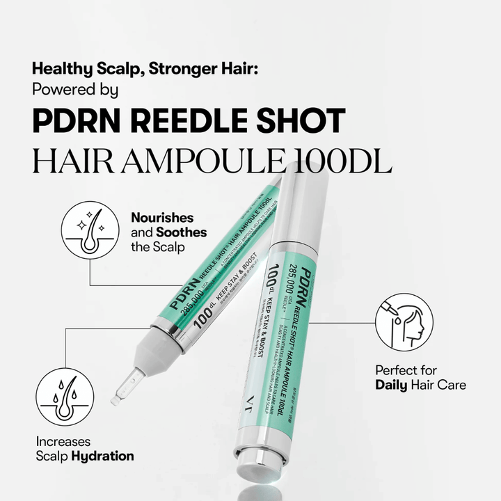 Tuote-esittely PDRN Reedle Shot Hair Ampoule 100dL, keskittyen etuihin kuten rauhoittava vaikutus, lisääntynyt kosteutus hiuspohjassa ja päivittäinen hiustenhoito.