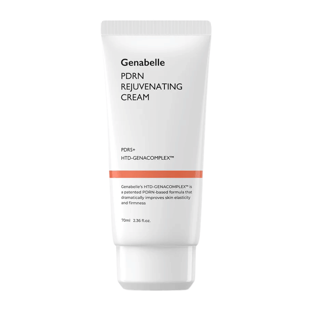 Tuotekuva tuotteesta Genabelle PDRN Rejuvenating Cream valkoisessa tuubissa valkoista taustaa vasten. Kosteuttava kasvovoide, jossa on PDRN ja HTD-GENACOMPLEX™, jotka auttavat parantamaan ihon elastisuutta ja kiinteyttä.
