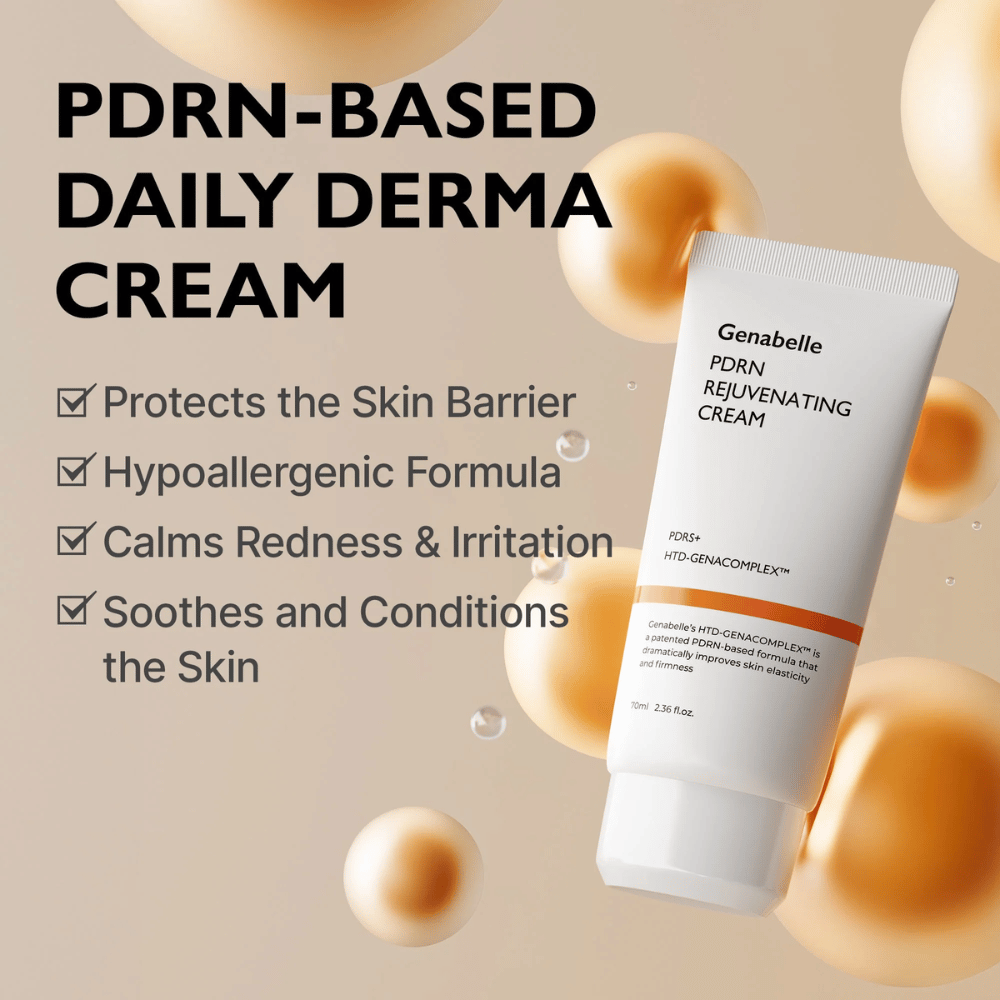 Genabelle PDRN Rejuvenating Cream kultaisia palloja ympäröimänä, jotka symboloivat PDRN-teknologiaa. Kuva korostaa ihoa vahvistavia ominaisuuksia, rauhoittavaa vaikutusta ja hypoallergeenista koostumusta päivittäiseen käyttöön.